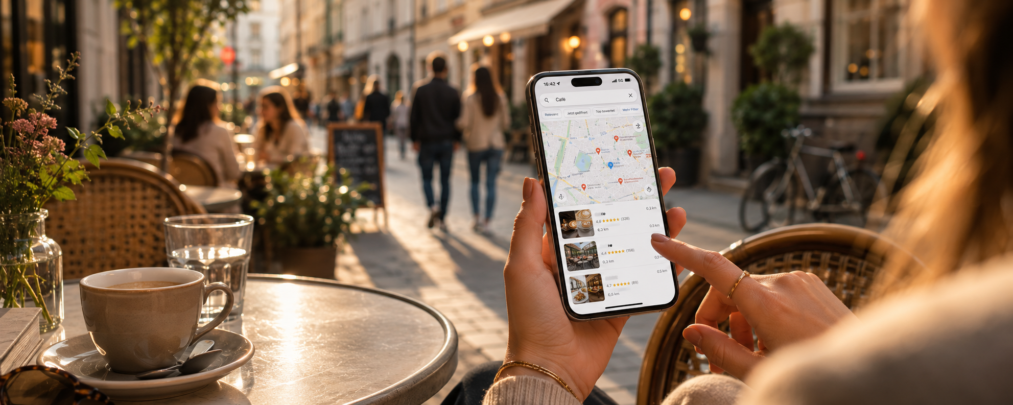 Gast sucht in einem Wiener Café auf Google nach Lokalen in der Umgebung
